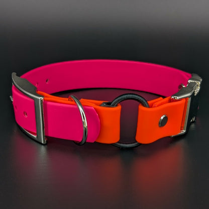 pink and orange biothane e-collar strap with bungee and quick release buckle
