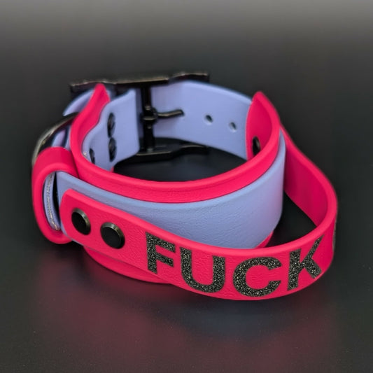 pink and periwinkle blue layered biothane dog collar with tactical handle and fuck off glitter text