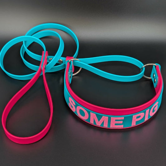 pink and teal layered biothane French martingale dog collar and leash with custom text