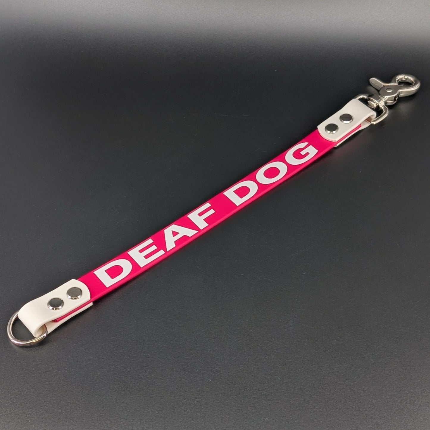 pink and white biothane leash extender warning deaf dog