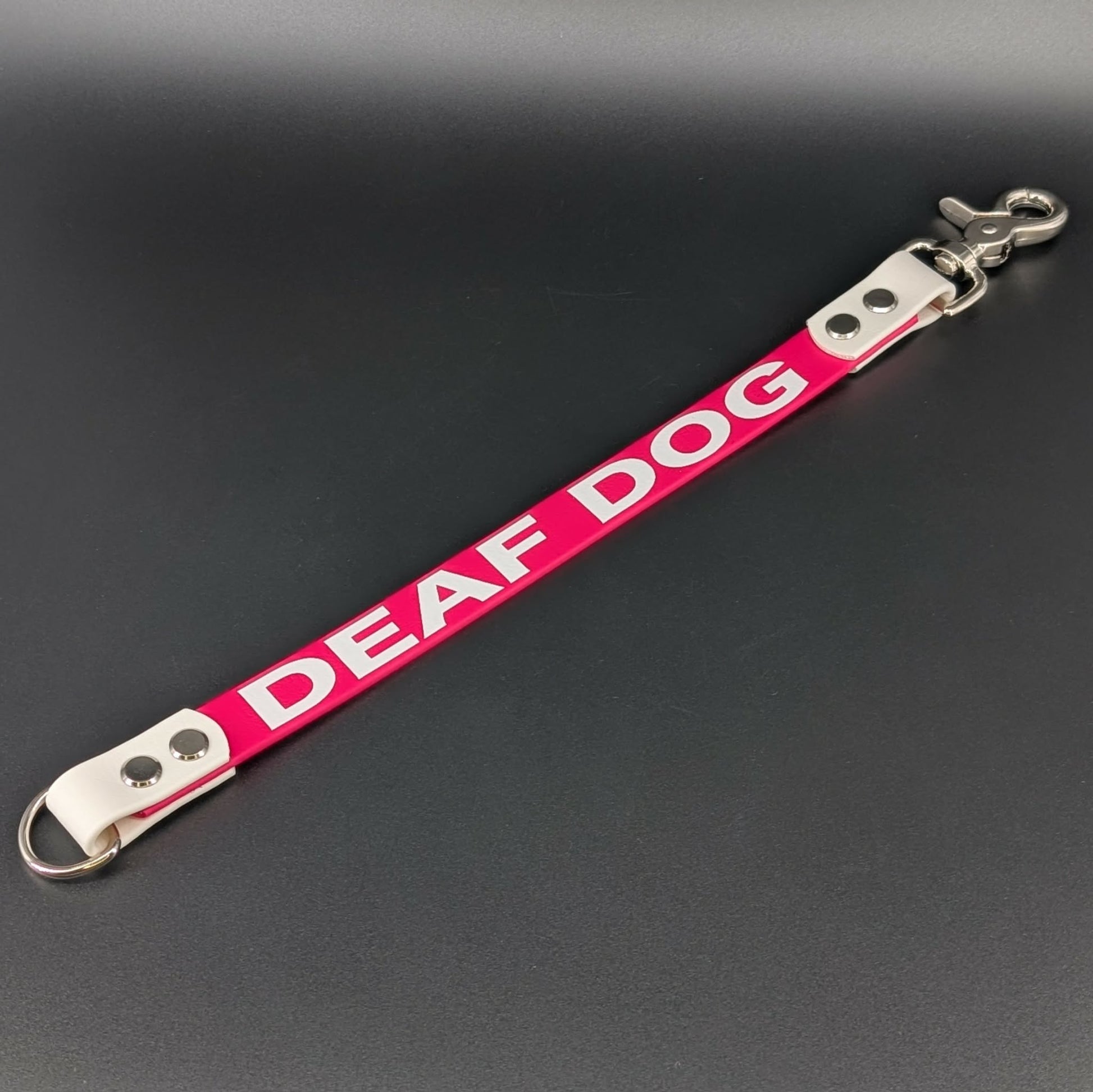 pink and white biothane leash extender warning deaf dog