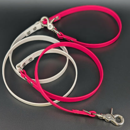 pink and white biothane over the shoulder hands free leash