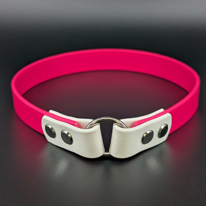 pink and white biothane tag collar for dog identification