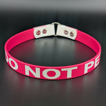 3/4 inch wide pink and white biothane tag collar with do not pet text