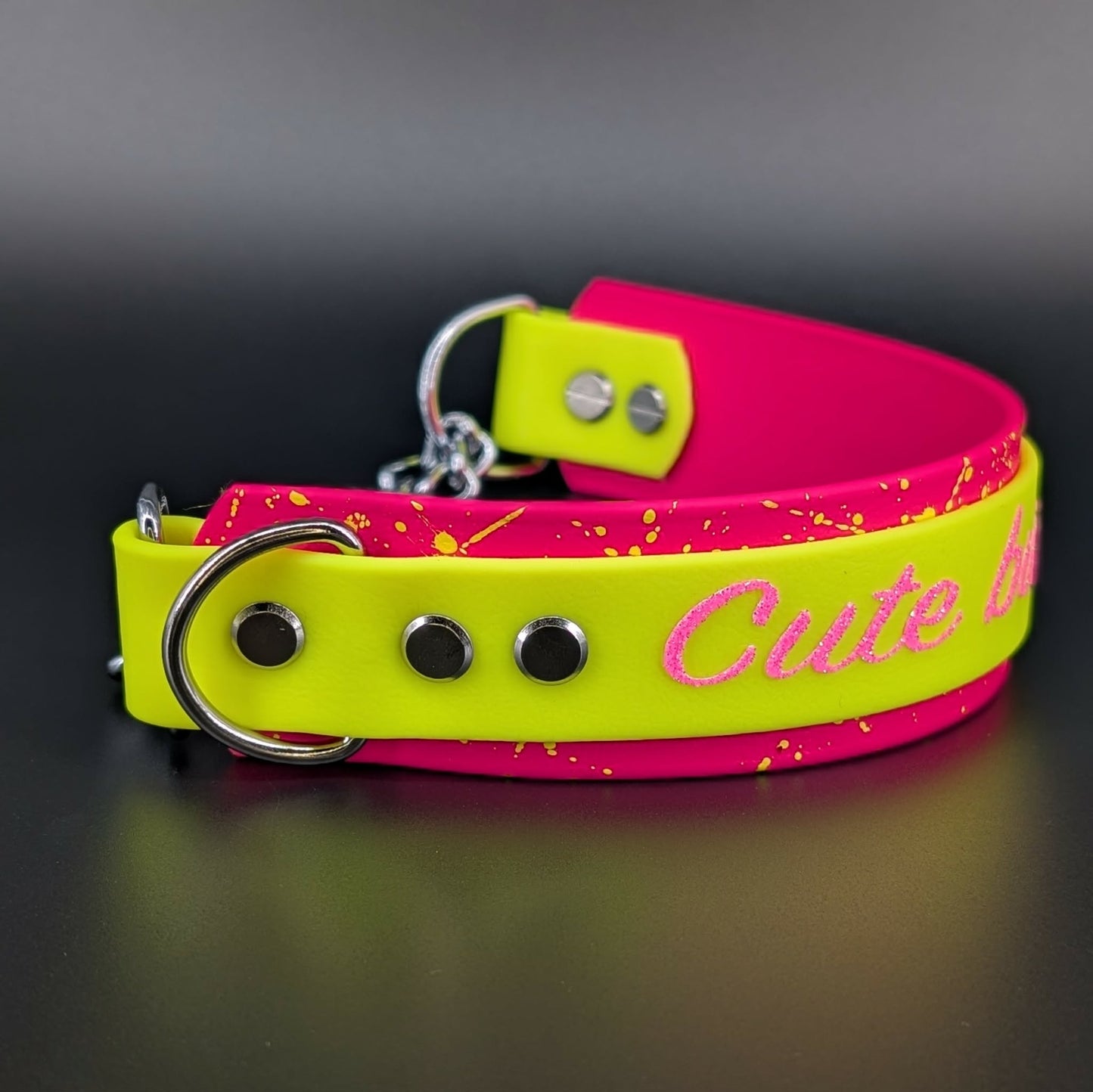 pink and yellow layered biothane chain martingale dog collar with custom text and splatter paint