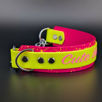 pink and yellow layered biothane chain martingale dog collar with custom text and splatter paint