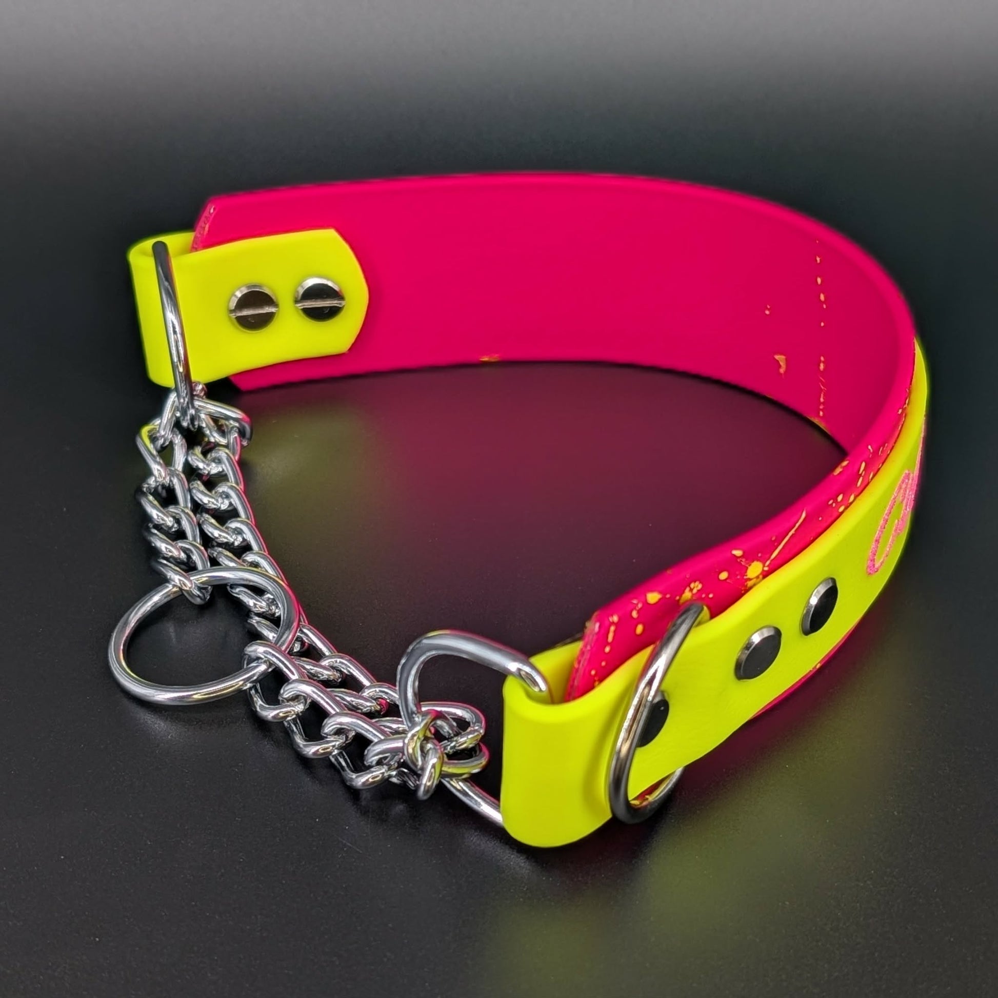 pink and yellow layered biothane chain martingale dog collar