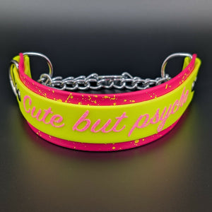 pink and yellow layered biothane chain martingale with custom text and splatter paint