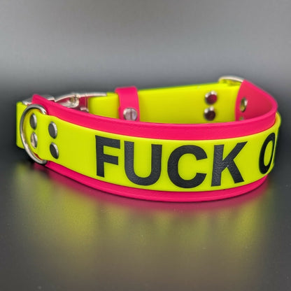pink and yellow layered biothane fuck off collar