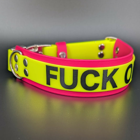 pink and yellow layered biothane fuck off collar