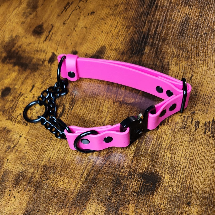 pink biothane and black chain martingale dog collar with quick release cobra buckle
