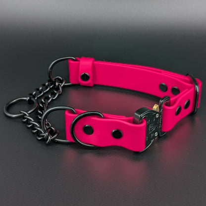 pink biothane chain martingale dog collar with quick release cobra buckle and black hardware