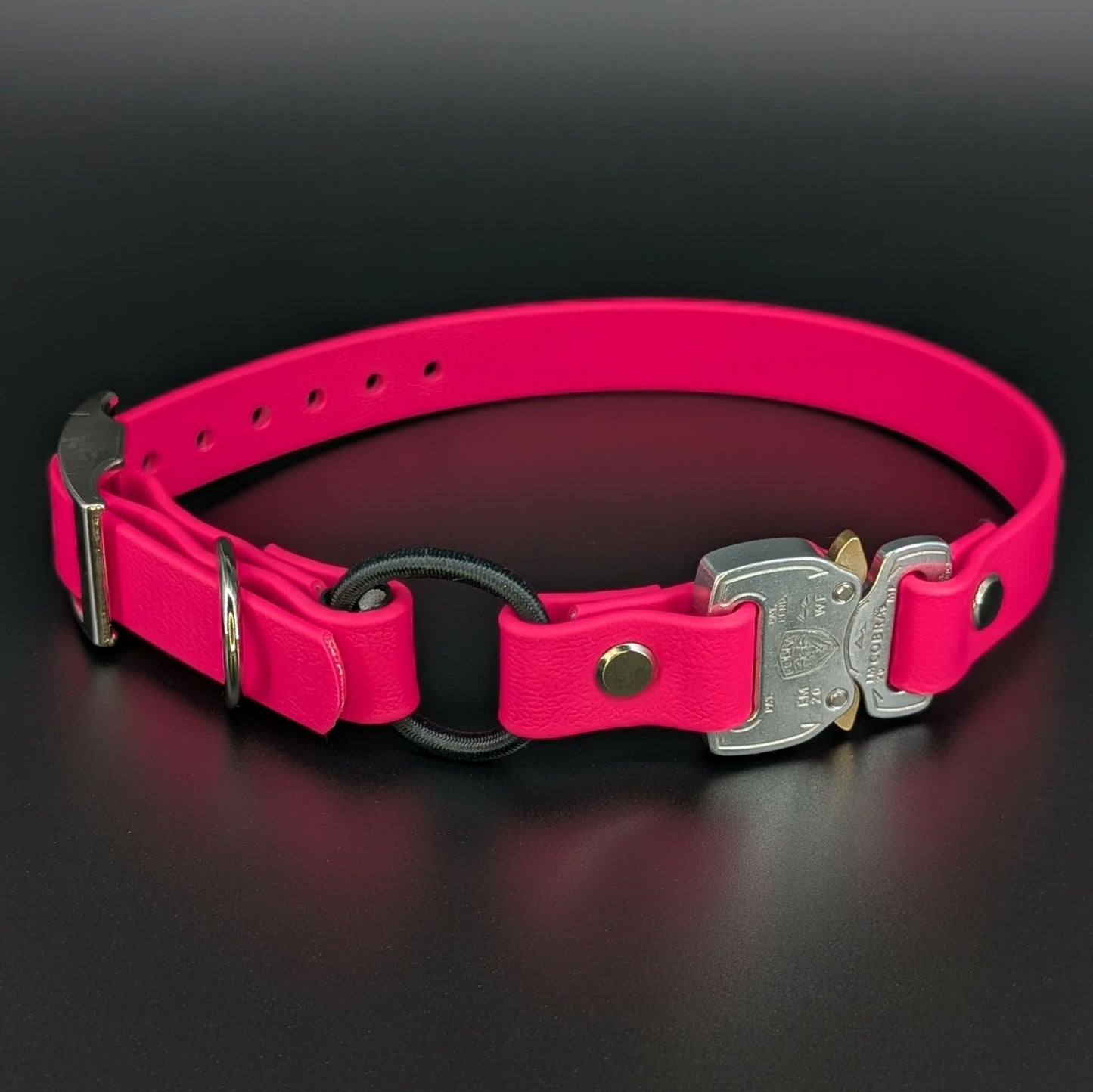 pink biothane e-collar strap with bungee and quick release cobra buckle