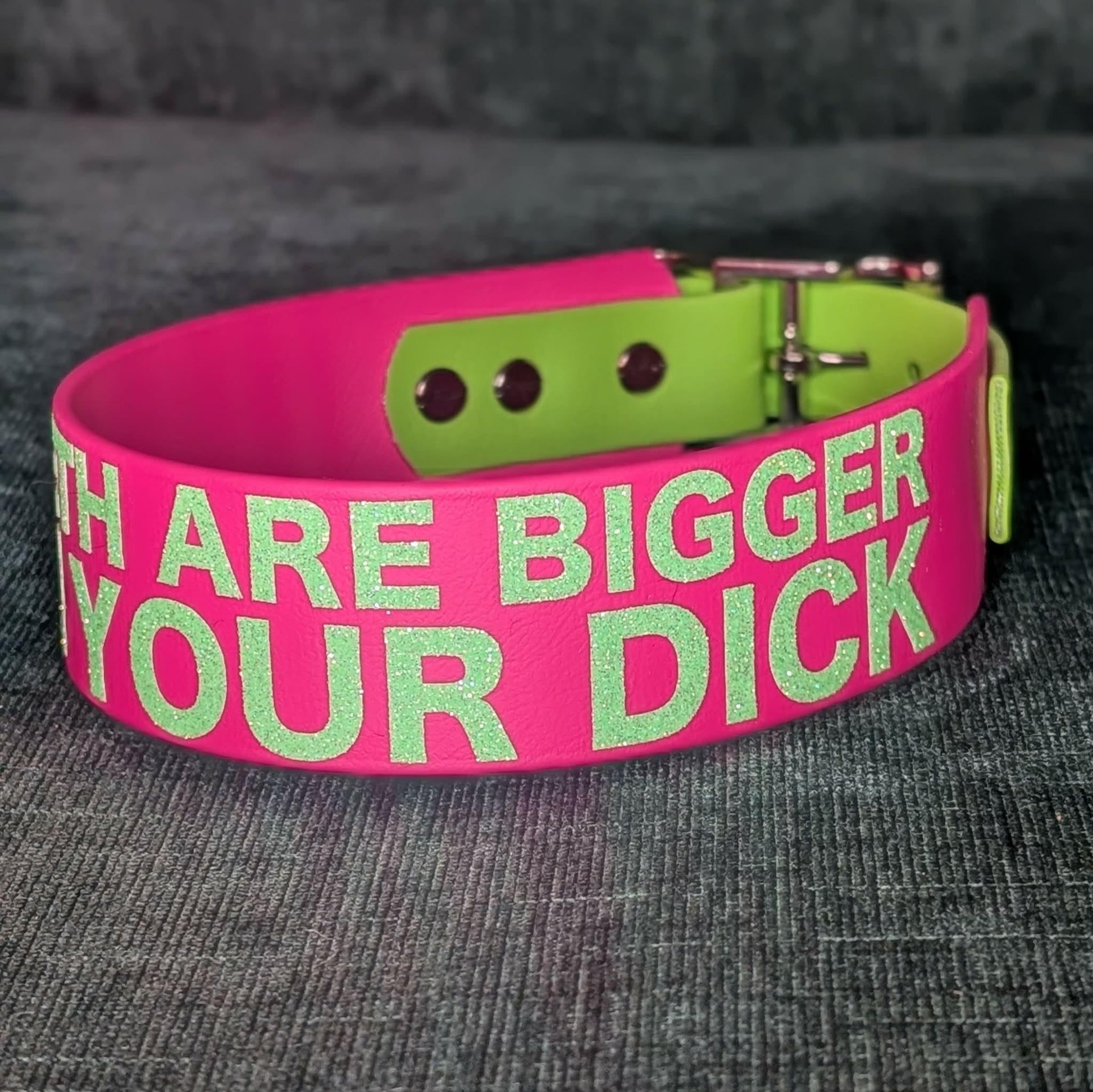 pink and green biothane my teeth are bigger than your dick collar