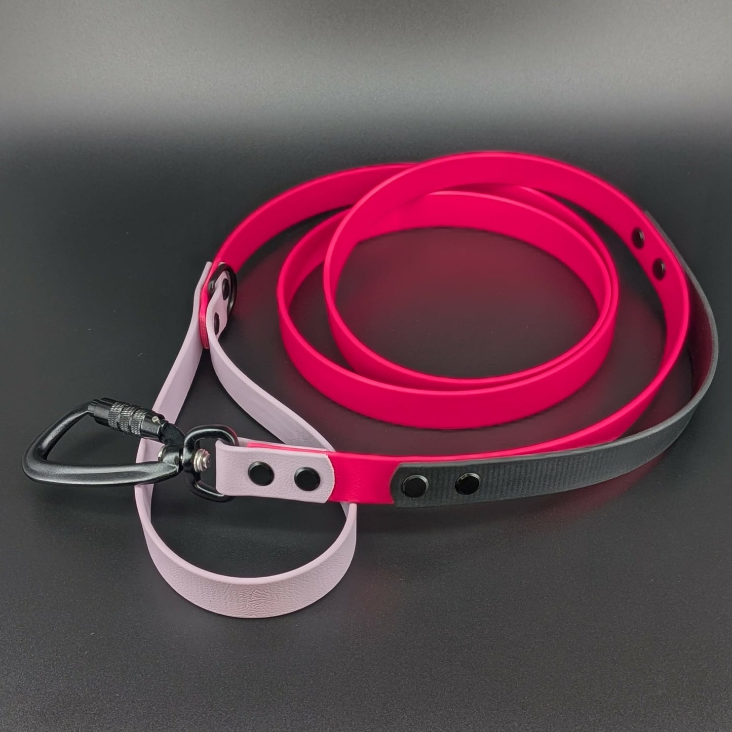 pink lavender and black biothane large dog leash with built in traffic handle and black auto locking carabiner clip