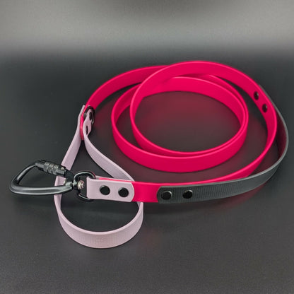 pink lavender and black biothane large dog leash with built in traffic handle and black auto locking carabiner clip