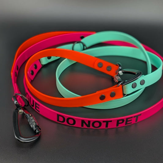 pink orange and mint green biothane hands free convertible dog leash with carabiner clips and do not pet text