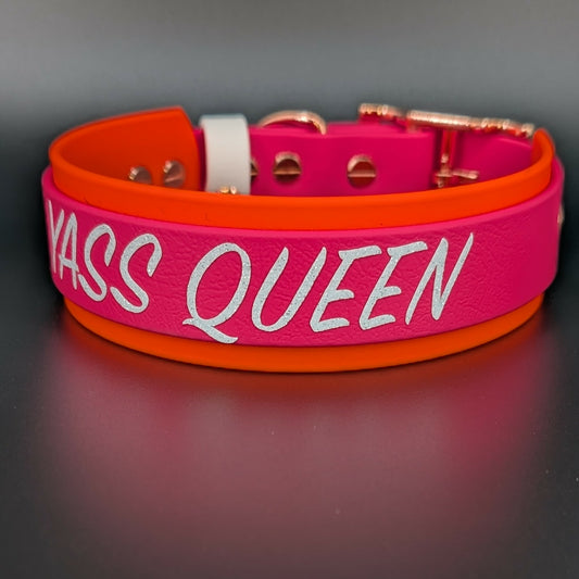 pink and orange layered biothane collar with 'YASS QUEEN' text