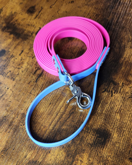 pink and periwinkle blue biothane 10 foot long line
