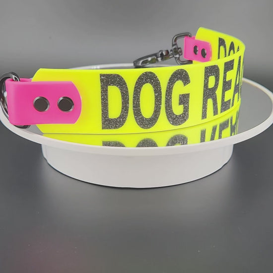 1.5 inch wide yellow and pink biothane leash wrap alternative leash extender warning reading DOG REACTIVE in big bold black glitter text