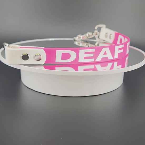 pink and white biothane leash extender warning deaf dog