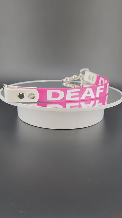 pink and white biothane leash extender warning deaf dog
