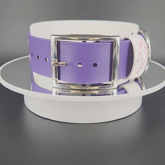 Ready to Ship - White and Dark Purple Layered Biothane FUCK AROUND AND FIND OUT Collar, 2 inch wide 15 - 18 inch neck