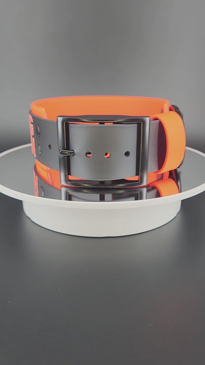 2 inch wide orange and black double layer biothane collar with black hardware and orange glitter text reading: RUN YOUR DOG NOT YOUR MOUTH