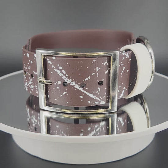 2 inch wide dark brown layered biothane pet your own fucking dog collar with silver hardware and white splatter paint