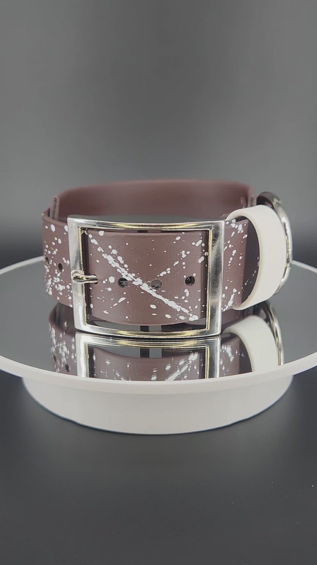 2 inch wide dark brown layered biothane pet your own fucking dog collar with silver hardware and white splatter paint