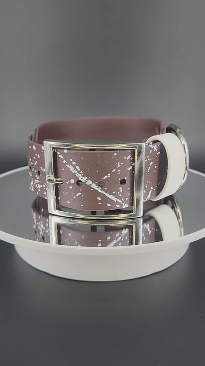 2 inch wide dark brown layered biothane pet your own fucking dog collar with silver hardware and white splatter paint