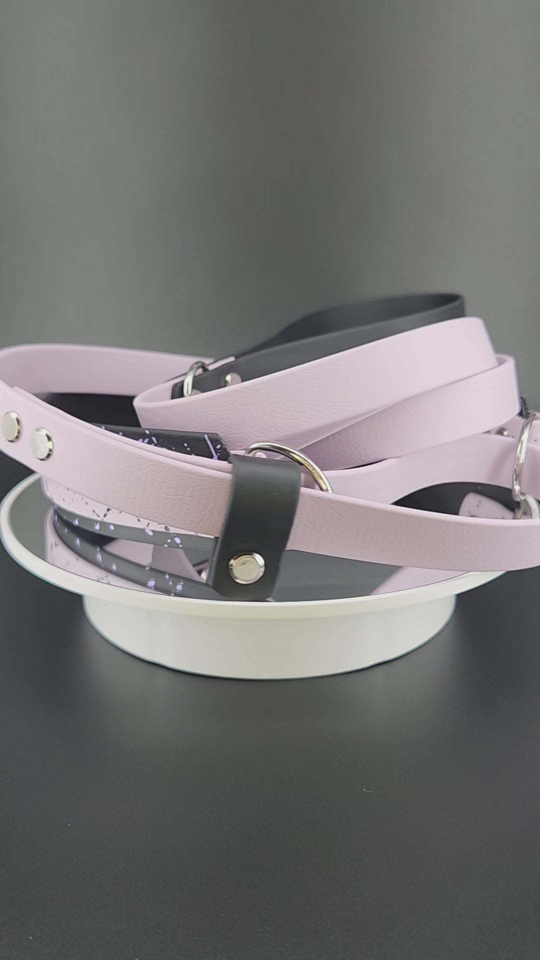 lavender and black layered biothane French martingale with splatter paint and custom text reading : Unvested Service Dog