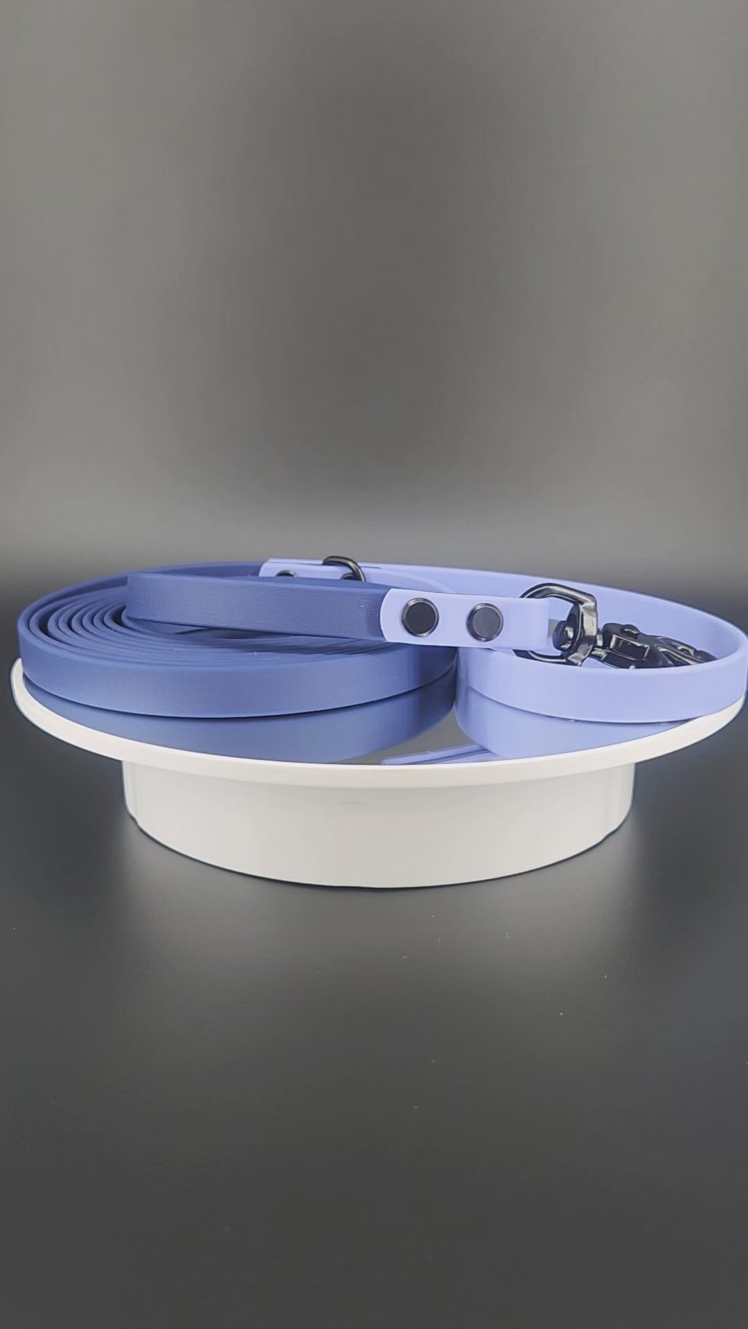 1/2 inch wide 10 feet long navy blue and periwinkle blue biothane dog leash with black trigger snap