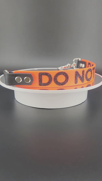 orange and black biothane do not pet leash warning