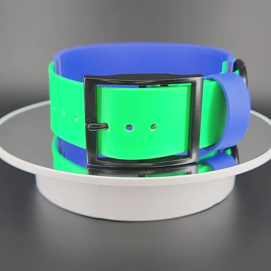 2 inch wide royal blue and light blue layered biothane dog collar with game over text