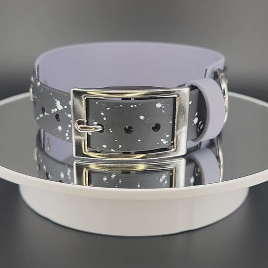 Ready to Ship - Gray and Black Layered Biothane Moon Phases Collar, 1.5 inch wide 13 - 16 inch neck