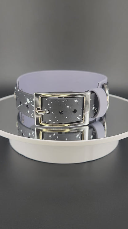 Ready to Ship - Gray and Black Layered Biothane Moon Phases Collar, 1.5 inch wide 13 - 16 inch neck