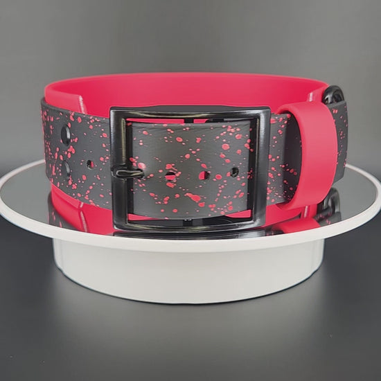 2 inch wide red and black layered biothane dog collar with red splatter paint black hardware and red glitter my teeth are bigger than your dick text