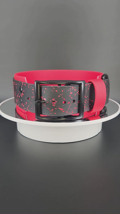 2 inch wide red and black layered biothane dog collar with red splatter paint black hardware and red glitter my teeth are bigger than your dick text