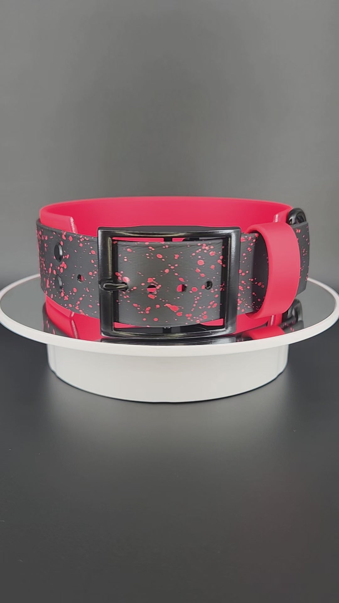 2 inch wide red and black layered biothane dog collar with red splatter paint black hardware and red glitter my teeth are bigger than your dick text