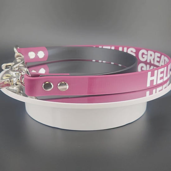 wine and black biothane double pull strap for service dog momentum pulling task with personalized text