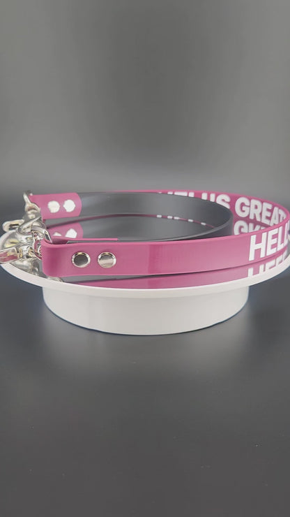wine and black biothane double pull strap for service dog momentum pulling task with personalized text