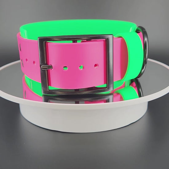2 inch wide light green and pink layered biothane dog collar with black hardware and black glitter try me bitch text