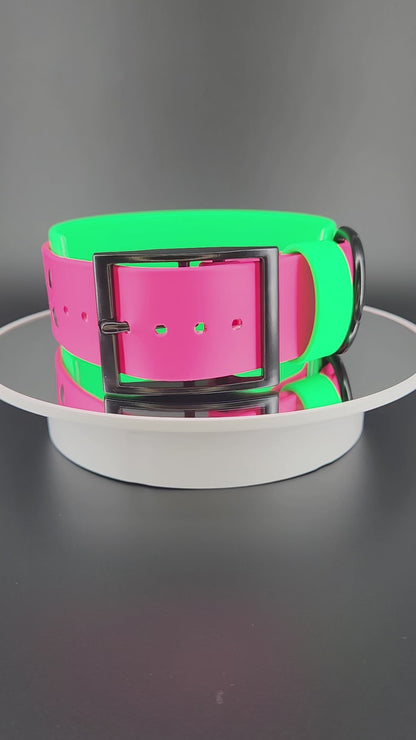2 inch wide light green and pink layered biothane dog collar with black hardware and black glitter try me bitch text