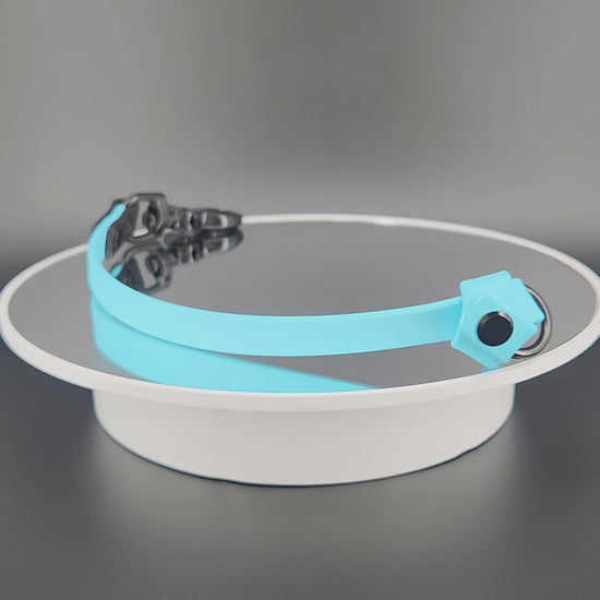 light blue and black biothane knotted traffic tab for dog training