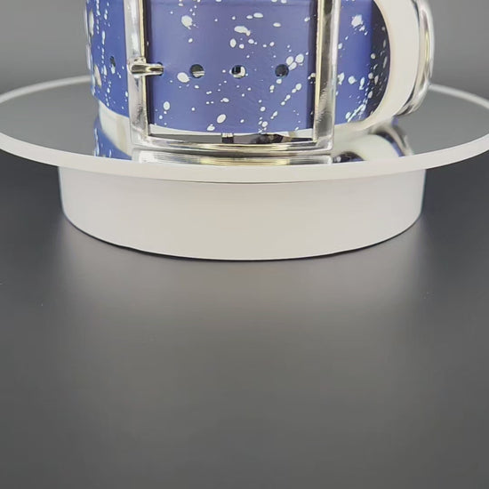 2 inch wide white and navy blue biothane feral as fuck dog collar with white splatter paint and silver hardware fits a 15 - 18 inch neck
