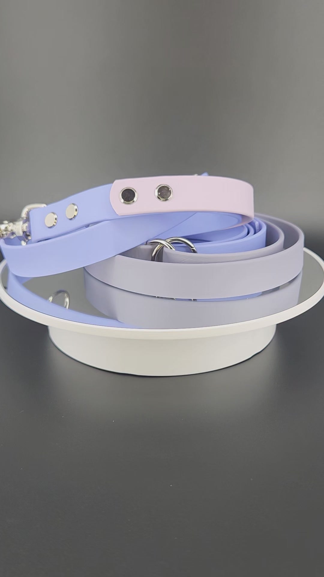 periwinkle blue, gray, and lavender biothane over the shoulder hands free dog leash with adjustable waist attachment point and built in traffic handle