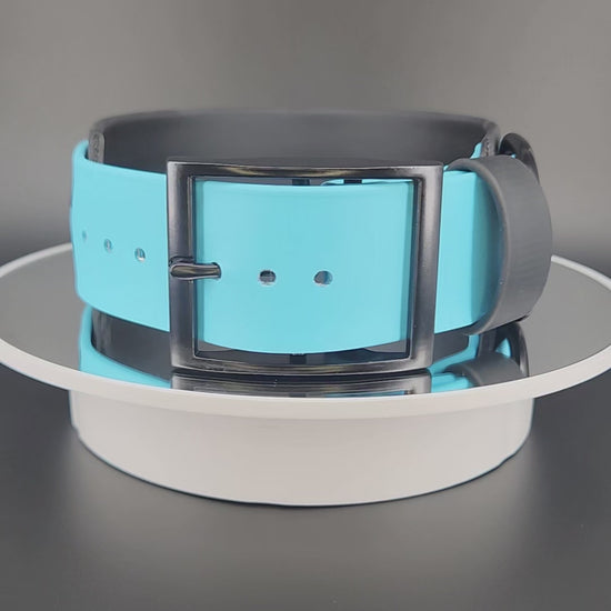 2 inch wide black and light blue layered biothane I bite racists dog collar