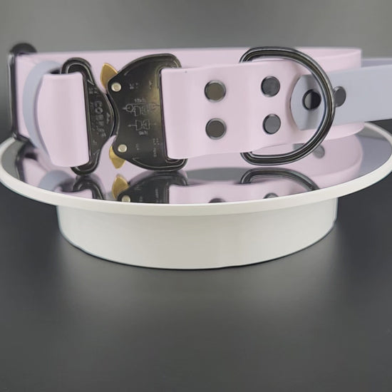 custom lavender biothane dog collar with tactical handle personalized text and quick release cobra buckle