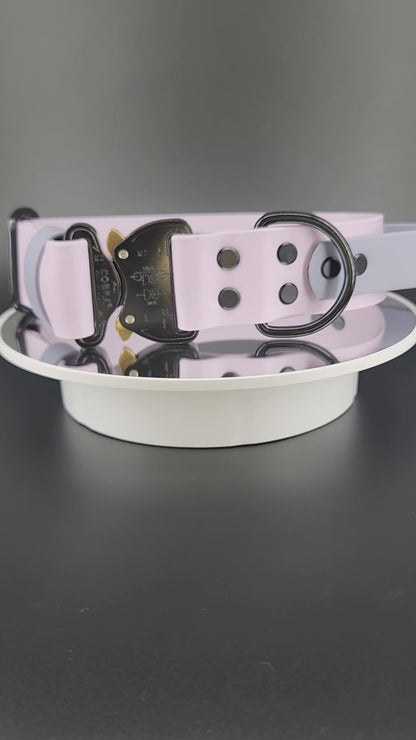 custom lavender biothane dog collar with tactical handle personalized text and quick release cobra buckle